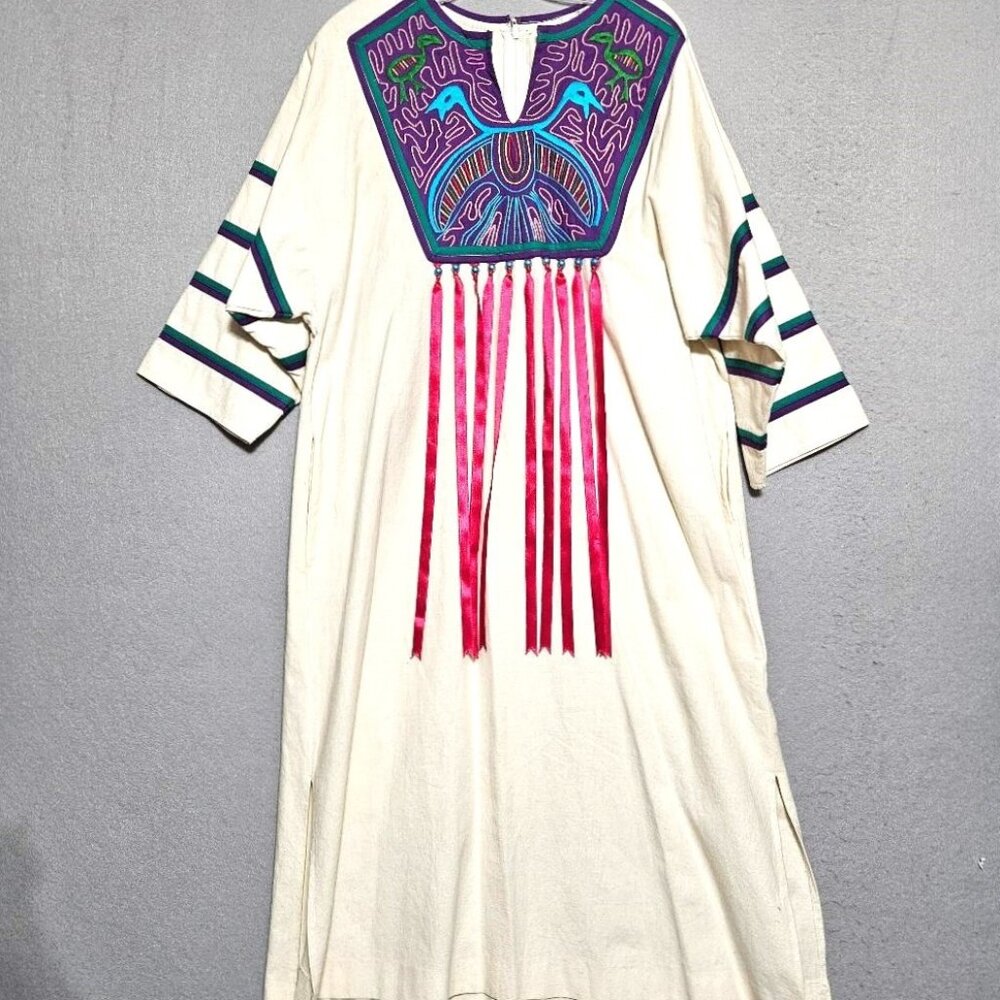 Victor Camarena Designer VTG Caftan Dress/ Embroidered Mola Birds Sz M